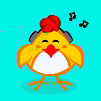 Cute chick listening to music in headphones. Vector image