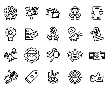 Design Set of brand icons. Contains marketing icons, products, brand values, design, logo, brand development, social media, advertising and loyal customers vector