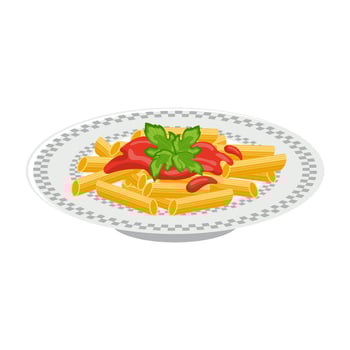 Plate of pasta. Pasta with ketchup and herbs. Italian Cuisine. Food illustration, vector