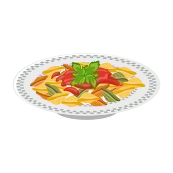 Plate of pasta. Pasta with ketchup and herbs. Italian Cuisine. Food illustration, vector