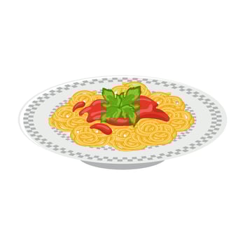 Plate of pasta. Pasta with ketchup and herbs. Italian Cuisine. Food illustration, vector