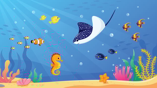 Vector underwater world, sea life, sea ocean animals. Seabed with marine habitat and algae - cartoon underwater landscape with fish, livestock, seaweed and coral on the ocean or aquarium floor.