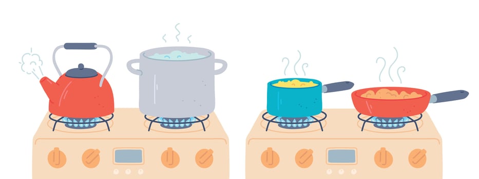 Pot and pan on stove. Preparing food and boiling water in saucepan and kettle with steam on kitchen gas stoves. Cooking on fire vector set