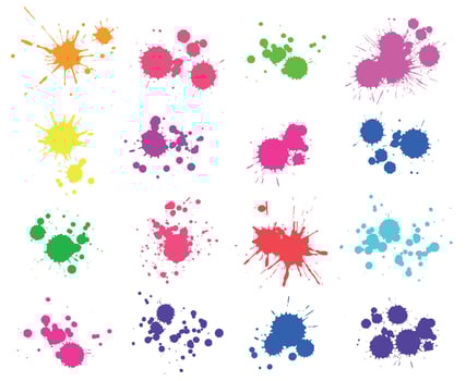 Color paint splatter. Bright ink stains and spray blots isolated on white. Watercolor spaint, spot or drop elements vector