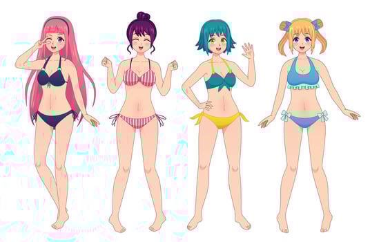 Anime manga girls in bikini. Group of kawaii female japanese comic characters in swimsuits. Beach woman winks, waving and smiles vector set