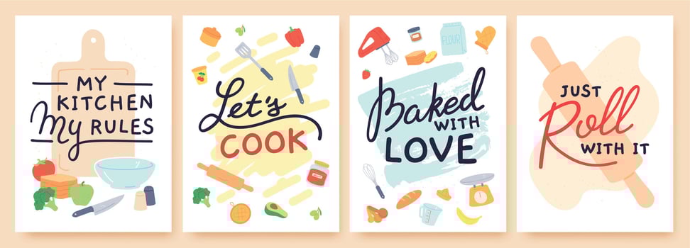 Cooking poster. Kitchen prints with utensils, ingredient and inspirational quote. Baked with love. Food preparation lesson banner vector set