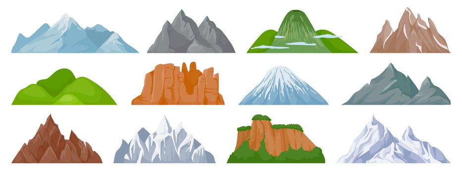 Cartoon mountains. Snowy mountain peak, hill, iceberg, rocky mount and climbing cliff. Landscape and tourist hiking map elements vector set