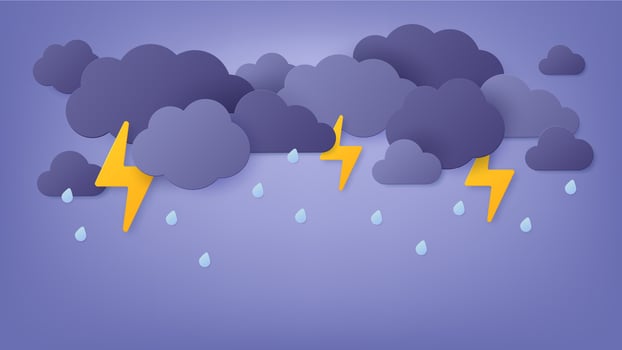 Paper cut rain. Rainy sky with cloud and thunderstorm. Origami spring storm with lightning and thunder. Monsoon weather landscape vector art