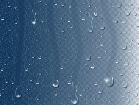Rain drops on window. Realistic 3d condensation water drop and vapor bubble on glass surface. Pure liquid droplet vector transparent concept