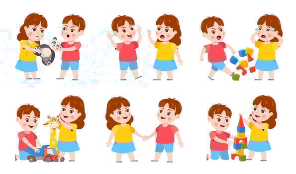 Brother and sister fight. Cartoon siblings angry, quarrel and cry. Kids fighting over a toy, playing together and holding hands vector set