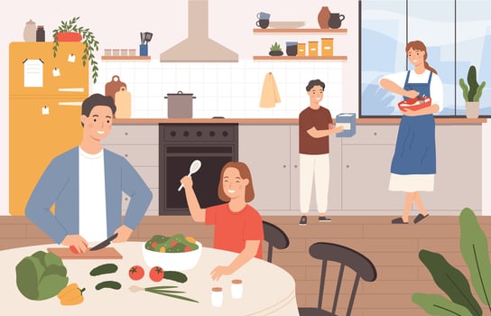 Family cooking together. Happy parents and children baking in kitchen. Son helps mother cook. Family with kids preparing food vector concept
