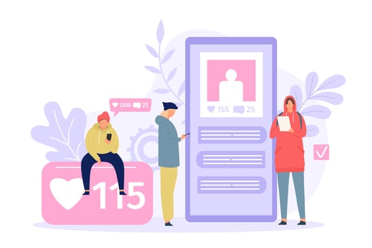Social media people. Young men and women using smartphone. Phone screen with photo, likes and comments. Gadget addiction flat vector concept