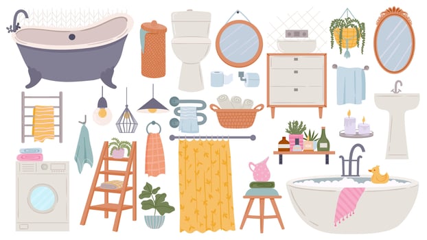 Bathroom furniture. Modern scandinavian bathtub, sink and toilet. Flat hygge bath interior elements, towels, mirrors and washer, vector set