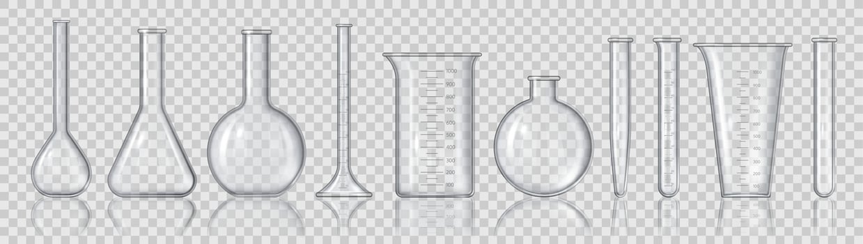 Realistic beakers and flasks. 3D empty laboratory measuring equipment, glass tubes for medicine, bottles and chemistry containers vector set