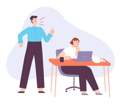 Angry boss. Office manager yell at tired employee. Fight and scream in job team. Bad business leader, work stress and abuse vector concept