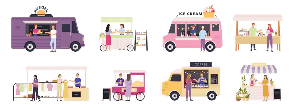 Kiosk vendor. Street tent, cart and truck sell fast food, books, clothes and flowers. Outdoor market with merchants and customers vector set