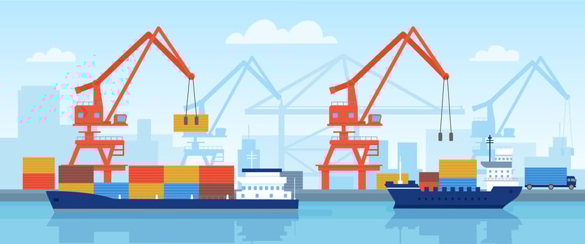 Cargo ship in port. Delivery maritime transport with containers loading in harbour with crane. Flat logistic or import by sea vector concept