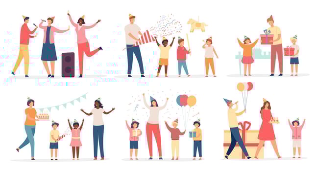 Children at birthday party. Happy kids with cake, gift, confetti and balloon. Family and friends celebrate holiday or anniversary vector set