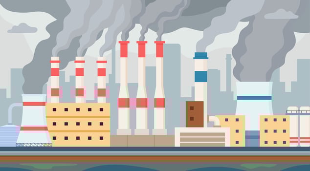 Dirty factory. Air and water polluted by industrial smog. Factories chimney with toxic smoke pollute environment. Pollution vector concept