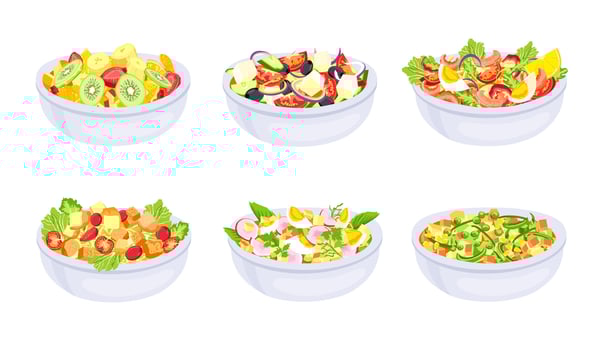 Salad dishes. Bowl with fresh healthy vegetable slices. Greek, fruit salad and caprese. Vegetarian diet meal. Natural ingredients vector set