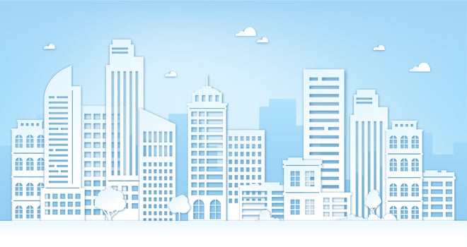 Paper cut cityscape. City landscape with skyscrapers, buildings, trees, sky and clouds. Origami silhouette of urban panorama vector concept