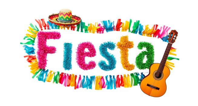 AI generated The word Fiesta composed  vibrant streamers and a sombrero isolated on a transparent background png