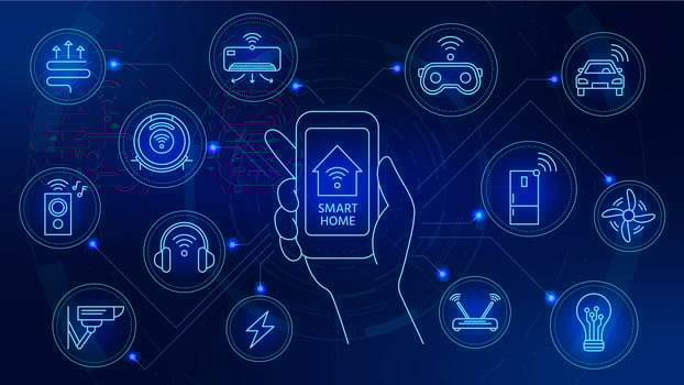 Smart home technology. Connected devices with smartphone app control. Internet of things automation system with digital icons vector concept