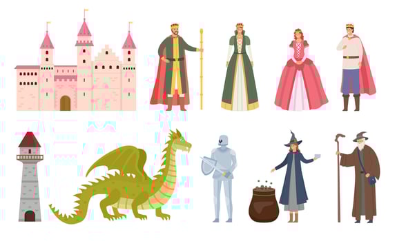 Fairytale characters. Cartoon medieval prince and princess, dragon, knight, witch and wizard. Magic royal castle, queen and king vector set