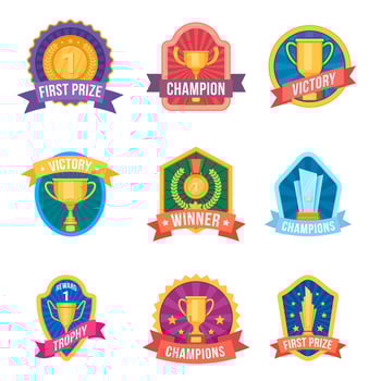 Champion emblems. Trophy cups and medals on award logos and sport league badges. Tournament victory. Cartoon winner first prize vector set