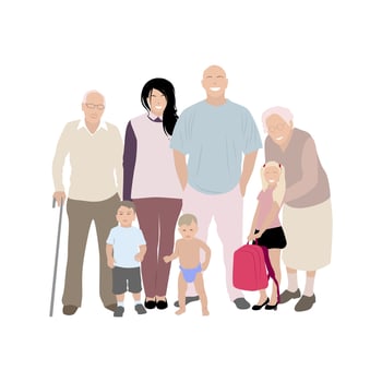 Happy family mother father children and grandparents. Mother and father family, husband and wife with daughter son. Vector illustration. Generation child parents and eldery