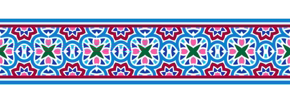 Border line seamless background. Decorative design seamless ornamental mosaic border pattern. Islamic, indian, arabic motifs. Abstract flower. Vector illustration