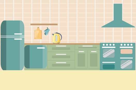 Kitchen interior with cabinets and kitchen appliances. Flat interior in minimal style, vector
