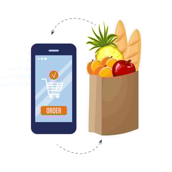 Online delivery, mobile phone and grocery bag. Service concept. Illustration, vector