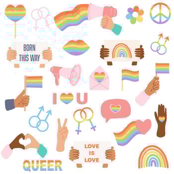 Pride month concept, gender equality, people diversity. Set of elements such as rainbow flag, heart, lips, male and female symbol, megaphone. vector