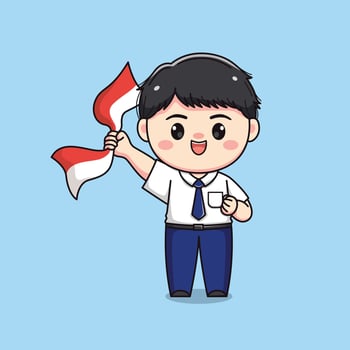 Indonesian student middle school holding flag cute kawaii boy character vector