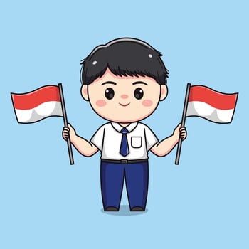Indonesian student middle school holding flag cute kawaii boy character vector