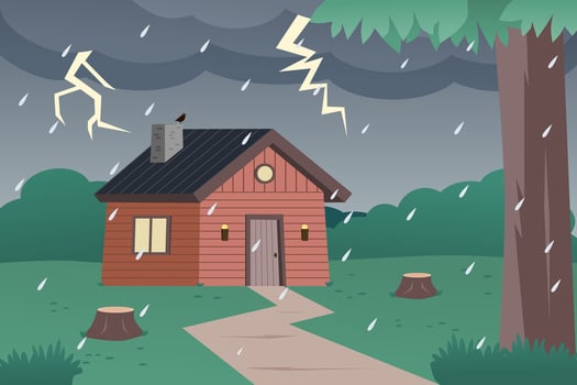 Wooden house in the forest in rainy weather. Rain and storm. Vector illustration.