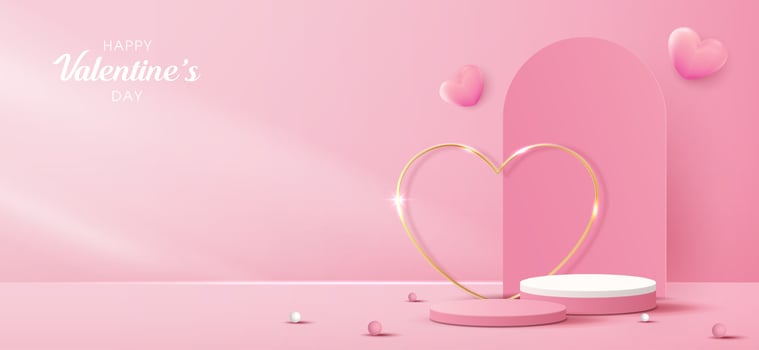 Happy valentines day and stage podium decorated with heart shape. pedestal scene with for product, cosmetic, advertising, show, award ceremony, on pink background and light. vector design.