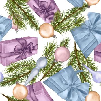 Christmas seamless pattern with Christmas ball and spruce digital illustration. Holiday gift boxes, decoration hand drawn. Element for new year design wrapping, textile, background. png