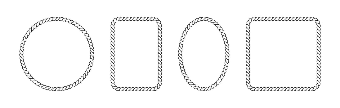 Braided rope frames. Collection of borders in the shape of square, circle and oval. Vector pack of thin and thick elements isolated on a white background.