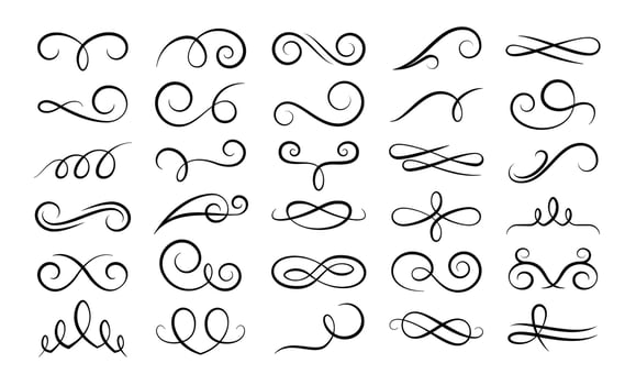Swirl ornament. Filigree flourish twirl, vintage line divider frame calligraphy element. Ornate baroque floral border, antique swirl decor. Vector curls