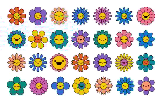 Groovy cartoon flower. Hippy daisy faces, retro smiling flowers character. Vintage 70s graphic elements, happy positive emotions plant. Vector set