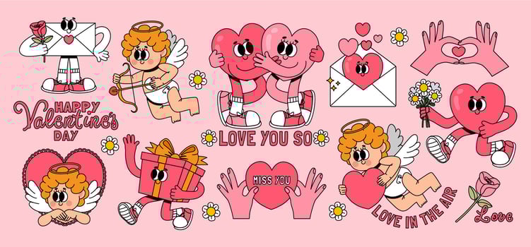 Retro Valentines day sticker. Cartoon groovy romantic elements, holiday hippy characters. Vintage comic cute cupid with love arrow, running heart with flower, vector set