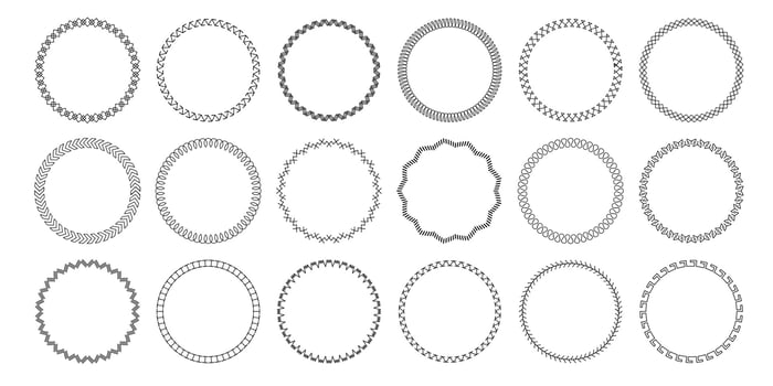 Sewing circle frames. Embroidery circular pattern borders, decorative stitched round design. Sew seams circles. Vintage sewing ring isolated vector set