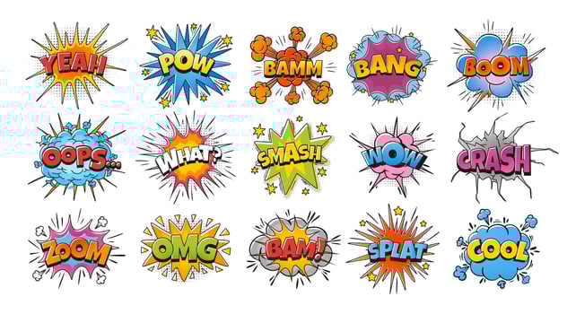 Comic bubble sign. Cartoon colorful burst clouds, comics explosion speech bubbles. Boom dialogue frame, bang effect with text for pop art comics book, isolated vector set