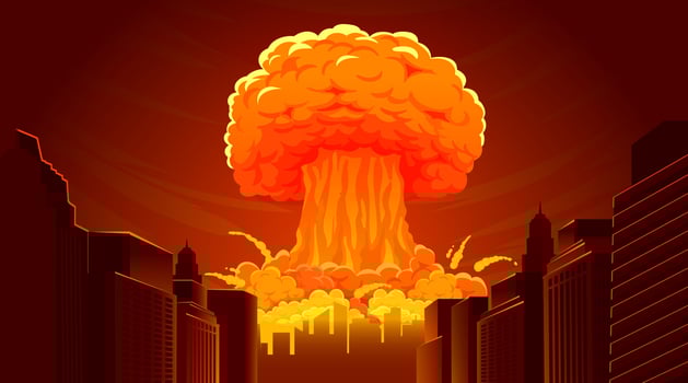 Nuclear explosion bomb. Radioactive apocalypse cloud mushroom in city. Cartoon atomic nuke blast, fiery burning catastrophe, destruction town. Vector illustration