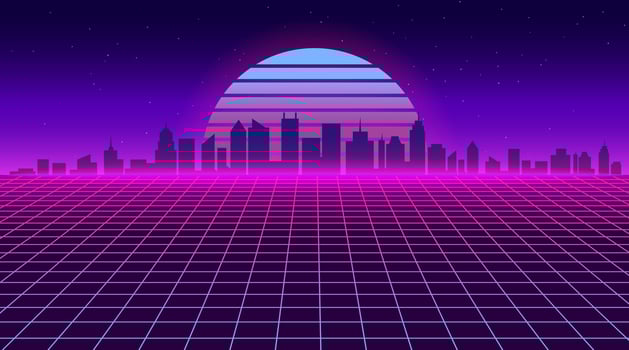 Futuristic city landscape. Retro 80s grid background with skyscrapers. 1980s neon game wireframe wallpaper. Sunset city backdrop with building silhouettes. Vector illustration