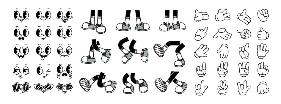 Retro leg, hand and face. Comic groovy hands in gloves, vintage legs and foot in shoes and funny emotion. Different poses arm and feet. Body parts mascot. Vector set