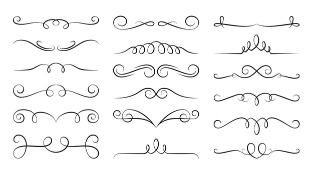Decorative swirls dividers. Flourish line border ornament, filigree decor element. Vintage frame, header text separator. Calligraphic Victorian art vector set