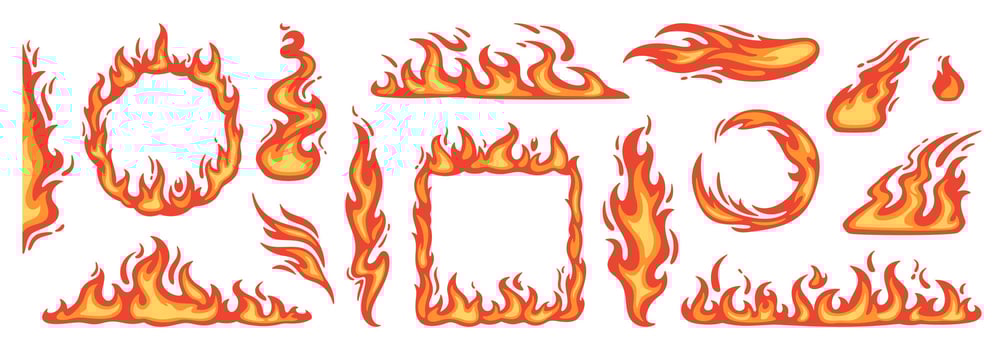 Cartoon red flame. Fire flames, hot fireball, danger wildfire campfire and bonfire elements, fire frames and flaming borders isolated vector set
